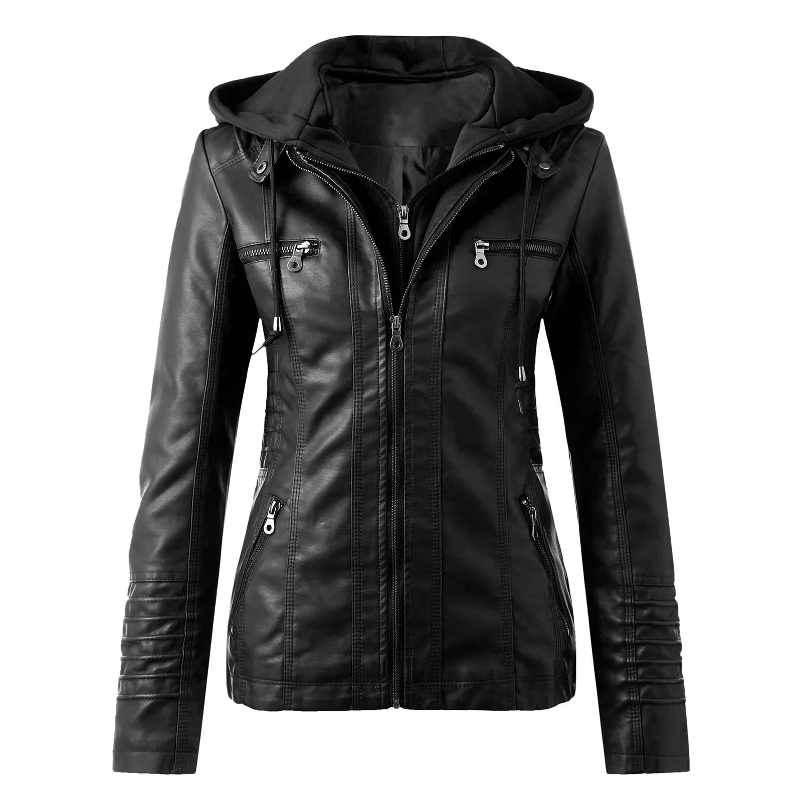 Leather Jacket Women Hooded Faux Pu Leather Motorcycle Jacket Zipper Long Sleeve Autumn Winter Outwear Coats