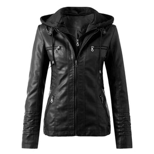 Leather Jacket Women Hooded Faux Pu Leather Motorcycle Jacket Zipper Long Sleeve Autumn Winter Outwear Coats
