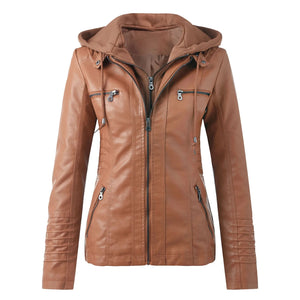Leather Jacket Women Hooded Faux Pu Leather Motorcycle Jacket Zipper Long Sleeve Autumn Winter Outwear Coats
